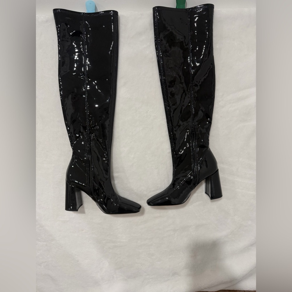 Sam Edelman Size 10.5 Black Patent Knee-High Boots – Pointed Toe Block Heel -New - Picture 2 of 15